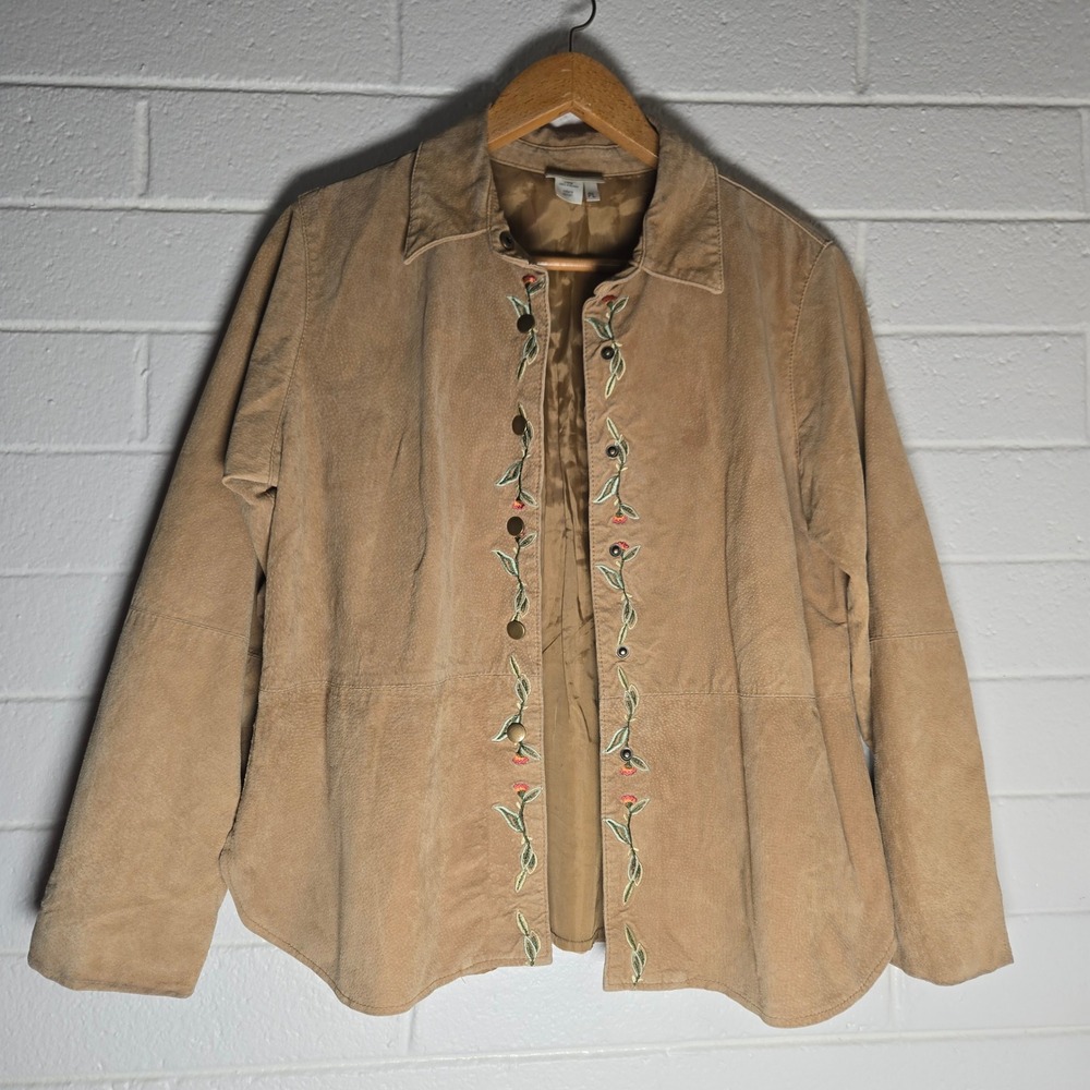 Coldwater Creek Womens Jacket Suede Leather Floral Embroidered Petite Large Boho